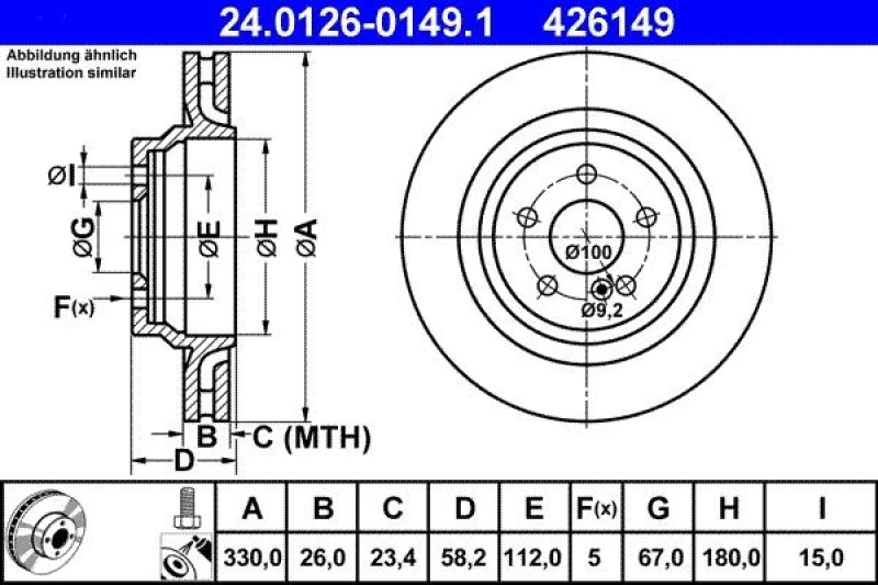Image of ATE 24.0126-0149.1 Brake disc Vented, Coated, Alloyed/High-carbon, with bolts/screws Brake Disc (82)