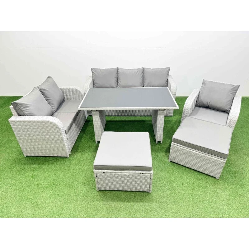 Image of Fimous Rattan Outdoor Sofa Set with 2 Big Stools Light Grey 8 Seater Light Grey Unisex