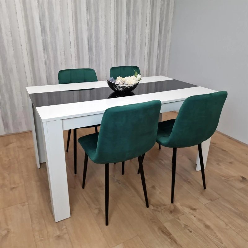 Image of KOSY KOALA Dining Table and 4 Chairs White Black Wood 4 Velvet Green Chairs Dining Room Modern w/b 117 + 4 green rocco