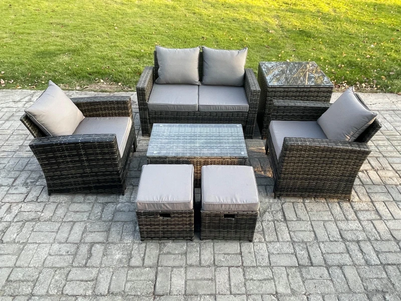 Image of Fimous Outdoor Lounge Sofa Set Wicker PE Rattan Garden Furniture Set with Rectangular Coffee Table Double Seat Sofa Side Table in Dark Grey Dark Grey