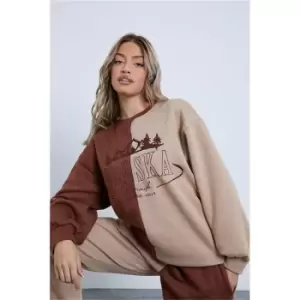 Image of I Saw It First Coord Spliced Embroidered Alaska Sweatshirt - Brown