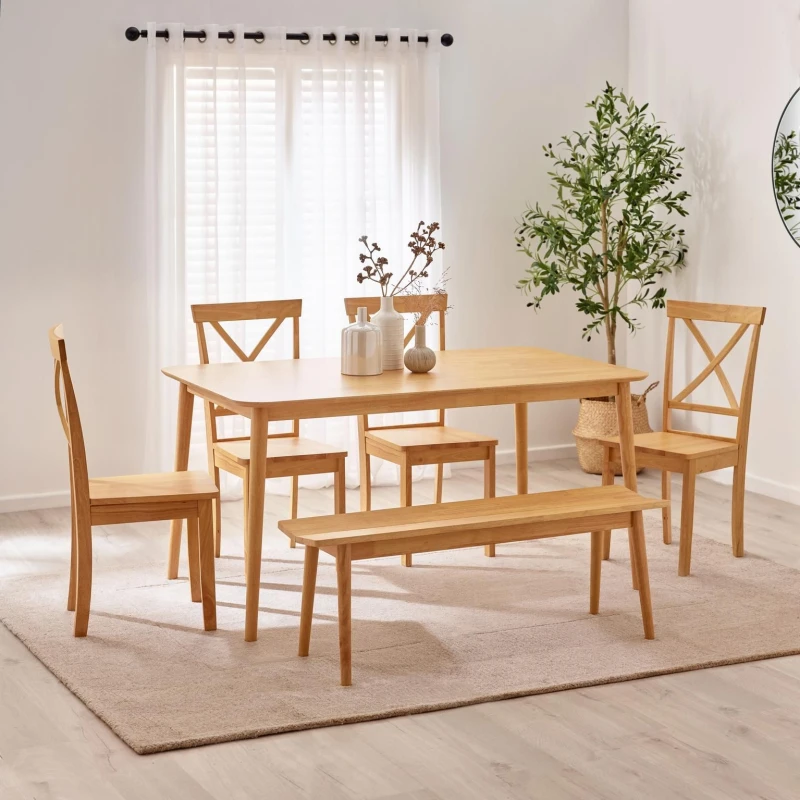 Image of FurnitureboxUK FurnitureboxUK Lynton Large Oak Effect Wooden Dining Table with 4 Millford Chairs & Bench in Light Oak Light Oak One Size Unisex 506106