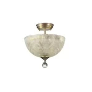 image of Dresden 2 Light Semi Flush Ceiling Lamp E27 With Round 30cm Prismatic Effect Glass Shade Satin Nickel, Clear