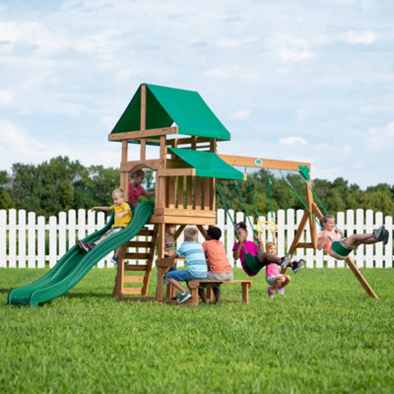 Image of Backyard Discovery Belmont Cedar Wooden Climbing Frame With 2 X Swings, Trapeze And Slide