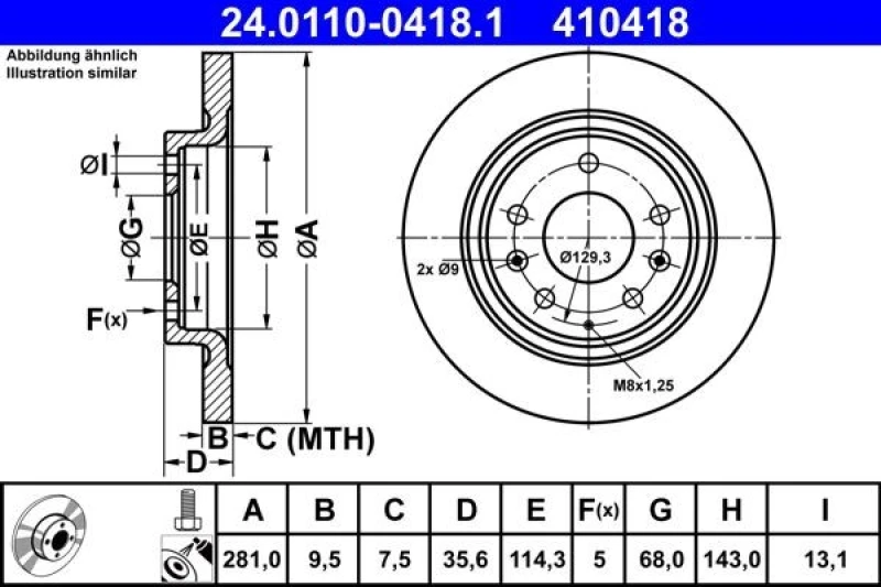 Image of Brake disc ATE 24.0110-0418.1