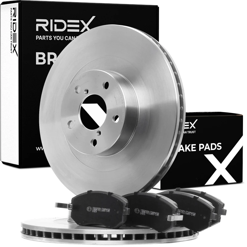 Image of RIDEX 3405B0870 Brake disc and pads set Front Axle, Brake Disc Type: internally vented, with acoustic wear warning Brake Set,disc brakes (3405)