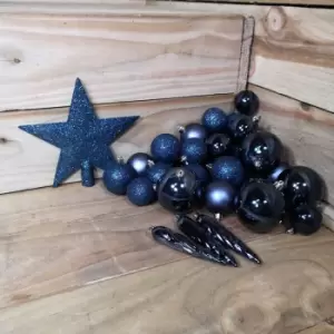 image of 33 Assorted Shatterproof Christmas Baubles With Star Tree Topper - Midnight Blue