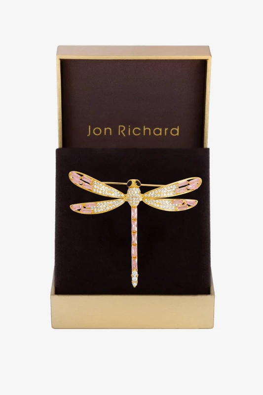 Image of Jon Richard Womens Gold Plated Pink Dragon Fly Brooch - Gift Box Gold Female One Size