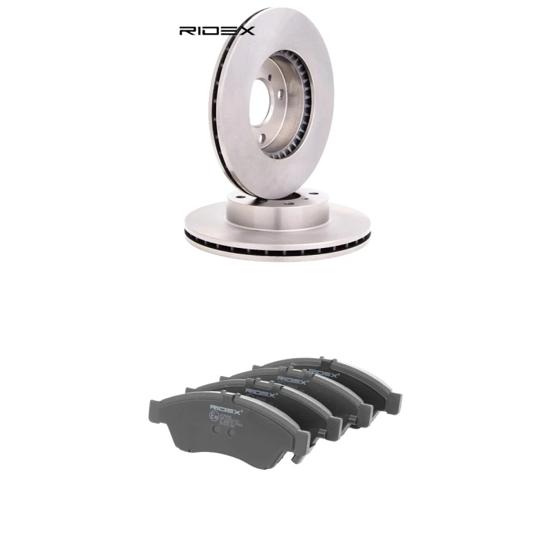 Image of RIDEX 3405B2575 Brake disc and pads set Front Axle, Brake Disc Type: internally vented, with acoustic wear warning Brake Set,disc brakes (3405)