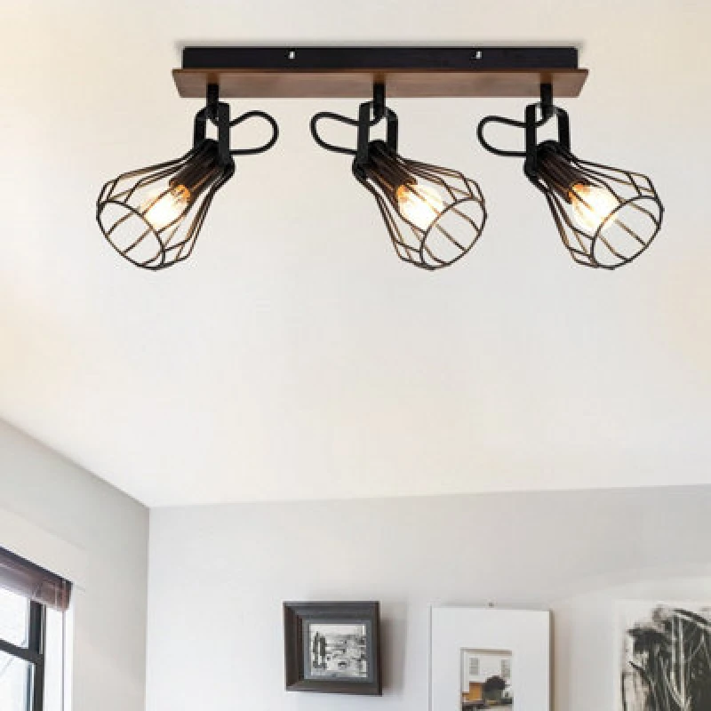 Image of Cosylyte Kendan 3 Light Matt Black Wire Shade Spotlight With Wooden Backplate