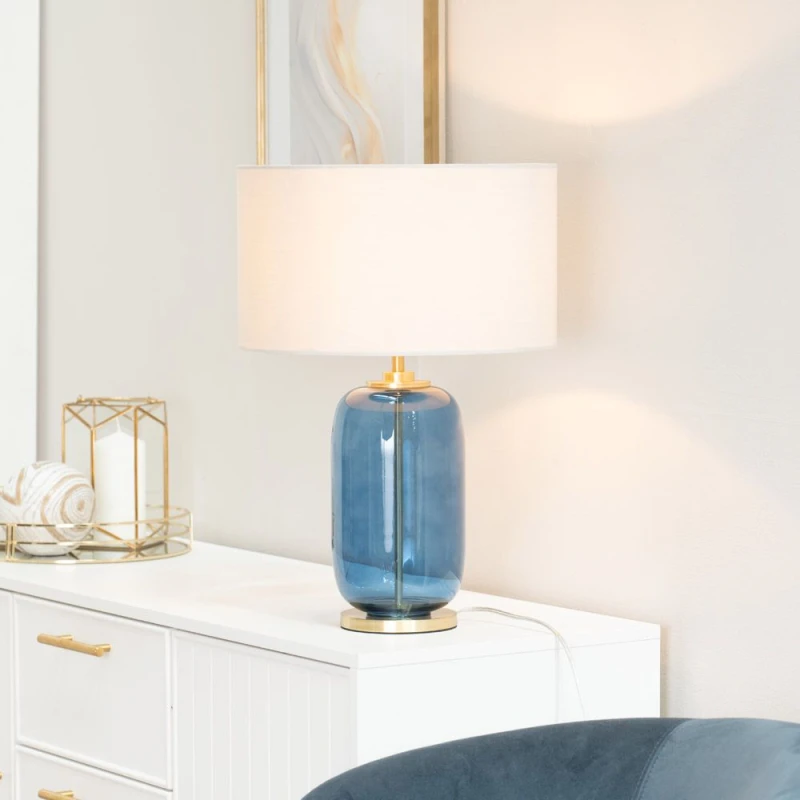 Image of ValueLights ValueLights Leigh Fabric Drum Shade with Navy Blue Glass and Gold Trim Table Lamp with Bulb in Nude Nude One Size Unisex 5059406049651