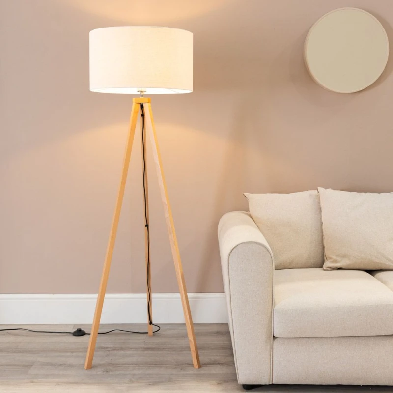 Image of ValueLights Barbro Wooden Tripod Floor Lamp with Natural Linen with Trim Drum Shade White