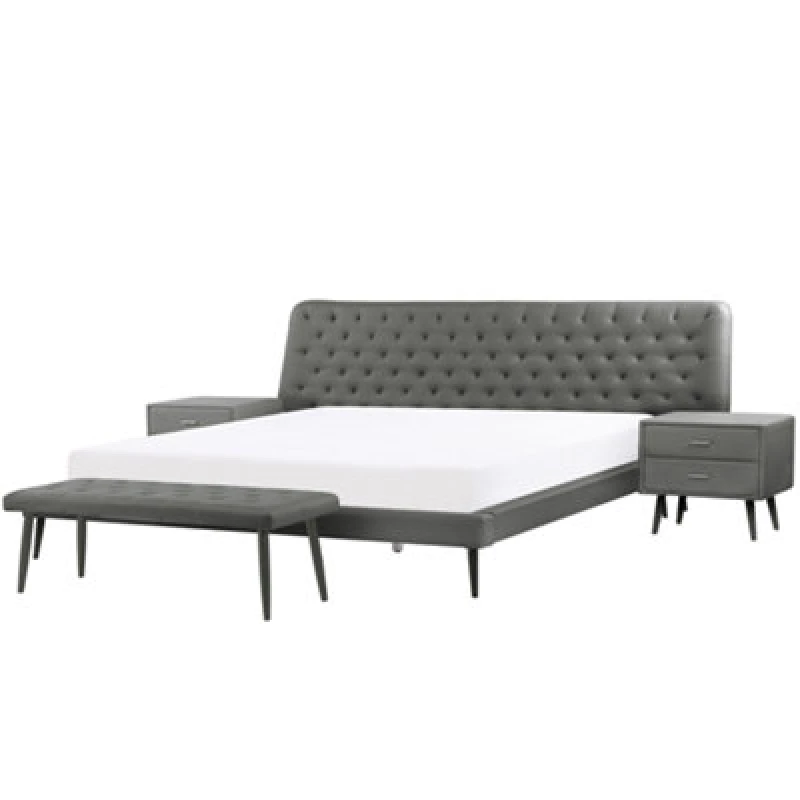 Image of Beliani Bedroom Set Faux Leather Essonne 180 X 200 Cm (Eu Super King) Grey
