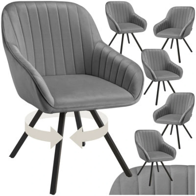 Image of Tectake Set Of 6 Lounge Armchair Living Room Accent Chair 360 Swivel Slim Steel Legs Velvet Fabric - Grey