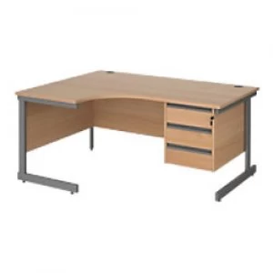 Image of Left Hand Ergonomic Desk with 3 Lockable Drawers Pedestal and Beech Coloured MFC Top with Graphite Frame Cantilever Legs Contract 25 1600 x 1200 x 725