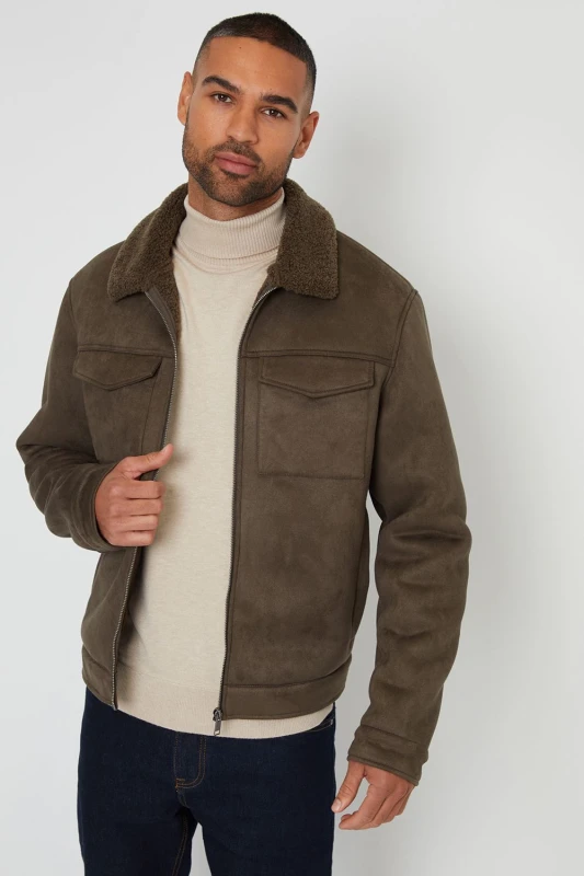 Image of Threadbare Threadbare Men 'Olpherts' Faux Suede Borg Lined Aviator Jacket in Khaki Size: Medium Khaki M Male 7625915020931