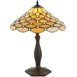 image of Tiffany Glass Table Lamp Light Dark Bronze & Rich Cream Geometric Shade i00226