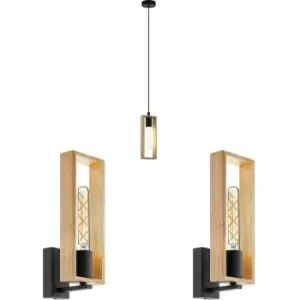 Image of Ceiling Pendant Light & 2x Matching Wall Lights Black & Wood Box Modern Shade