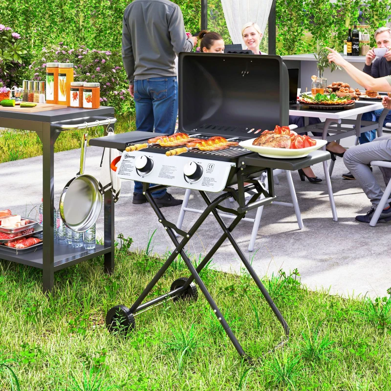 Image of Outsunny Portable Foldable Gas Barbecue Grill with Thermometer, Lid, Black 846-183V70BK