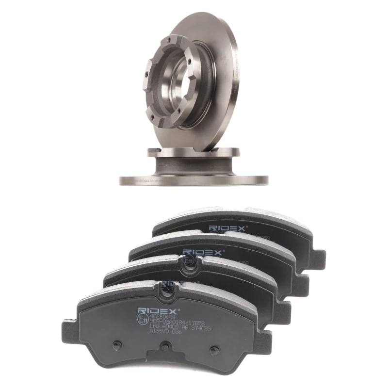Image of RIDEX 3405B2155 Brake disc and pads set with accessories, Rear Axle, Brake Disc Type: Solid, prepared for wear warning indicator, with brake caliper s