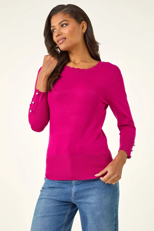 Image of Roman Diamante Button Scallop Edge Jumper Fuchsia