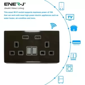 Image of Smart 13A WiFi Twin Wall Sockets with 2 usb Ports (Black). Control Individually via app or Voice Control