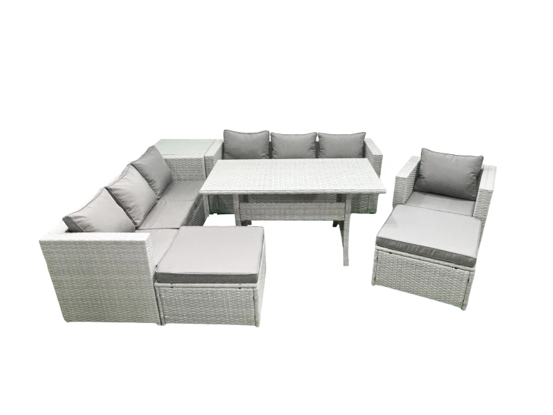 Image of Fimous 8 Pieces Outdoor Rattan Sofa Set with Cushions Patio Garden Furniture Sets with Armchair Dining Table Side Table 2 Big Footstools Light Grey