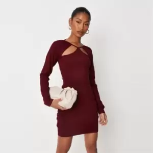 Missguided Halterneck Ruched Cut Out Long Sleeve Knit Mini Dress - Red