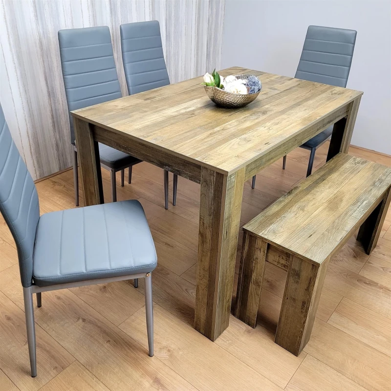 Image of KOSY KOALA KOSY KOALA Wooden Dining Table Set for 6 Rustic Effect Table With 4 Grey Leather Chairs and 1 Bench in Brown Size: 140cm x 80cm Brown 140