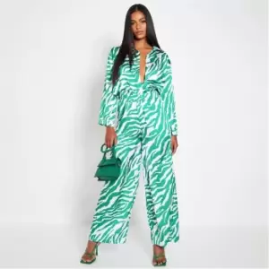 image of I Saw It First Zebra Print Satin Wide Leg Trousers - Green