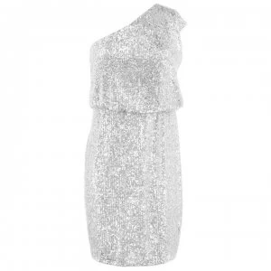 image of Adrianna Papell Adrianna One Shoulder Silver Sequin Dress - Silver