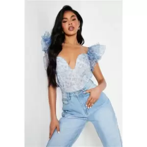 I Saw It First Blue Floral Mesh Frill Sleeve Bodysuit - Blue