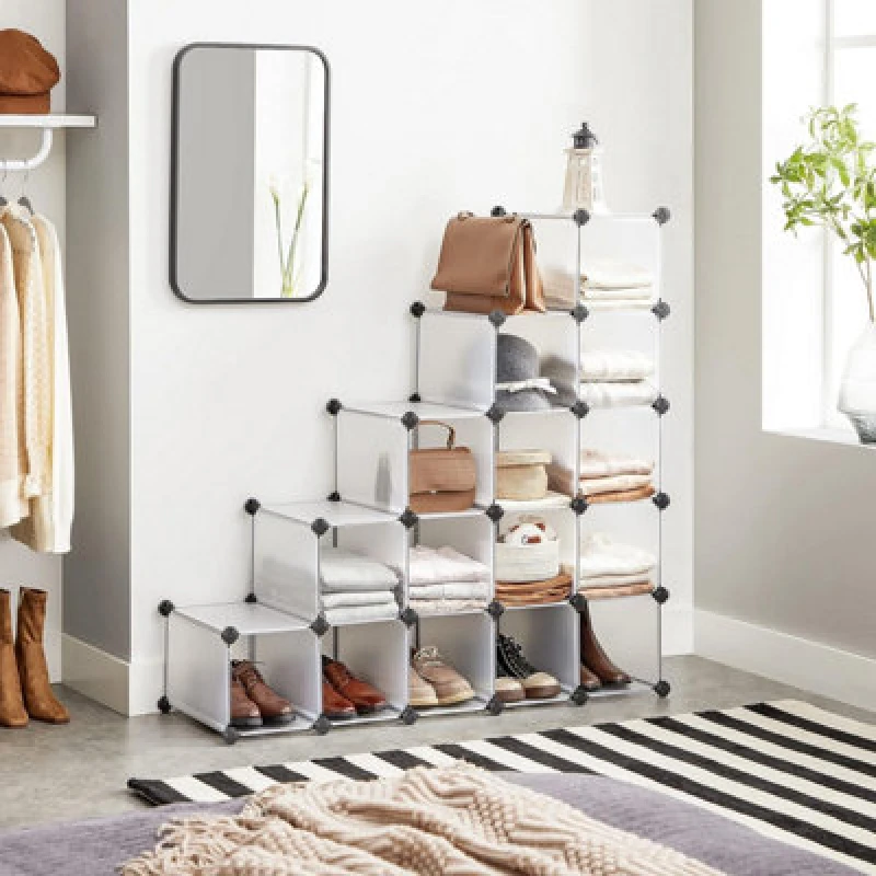 Image of Songmics Interlocking Shoe Rack, Rectangular Storage Organiser, 16-Slot Modular Diy Storage Shelf Unit, Metal Wire Wardrobe, White Lpc44S