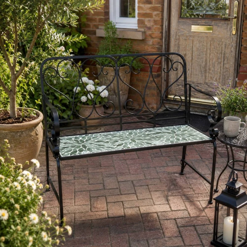 Image of Shatchi Leaf Mosaic 2 Seater Garden Bench - Outdoor Patio Seat Multicolor Unisex