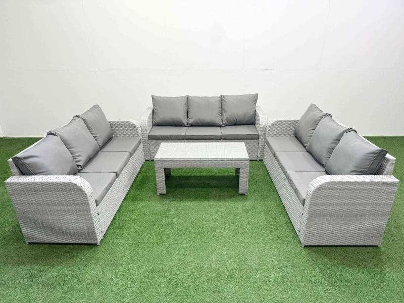 Image of Fimous PE Rattan Lounge Sofa Set 9 Seater Outdoor Garden Furniture Set with Oblong Coffee Table 3 Seater Sofa Light Grey Light Grey