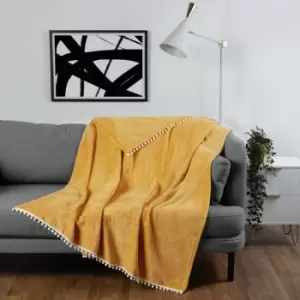 image of Dreamscene Ultra Soft Flannel Fleece Pom Pom Throw Blanket Ochre 200 X 240Cm