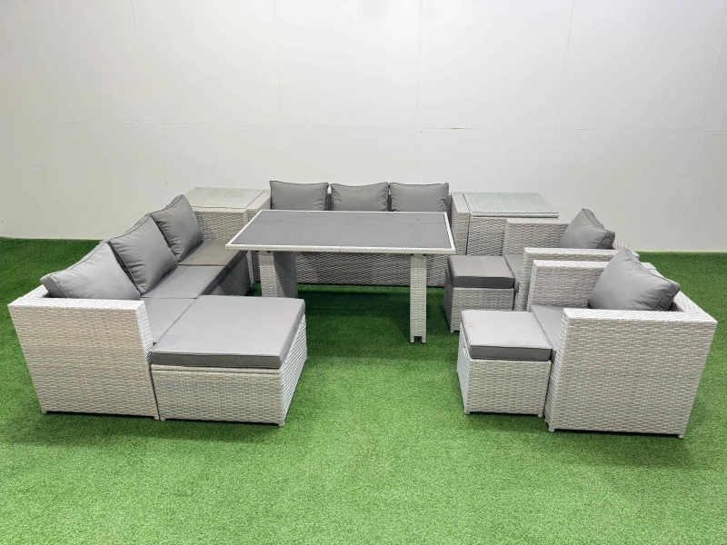 Image of Fimous 11 Seater Outdoor Dining Table 3 Seater Sofa Set with 2 Side Table in Light Grey Light Grey Unisex