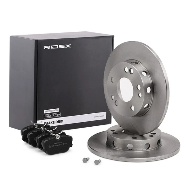 Image of RIDEX 3405B0236 Brake disc and pads set Front Axle, Brake Disc Type: Solid, excl. wear warning contact Brake Set,disc brakes (3405)