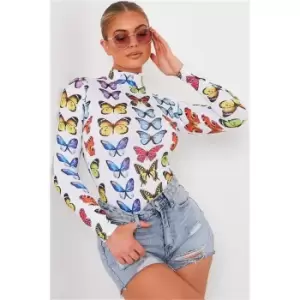 Image of I Saw It First White Butterfly Print High Neck Bodysuit - White