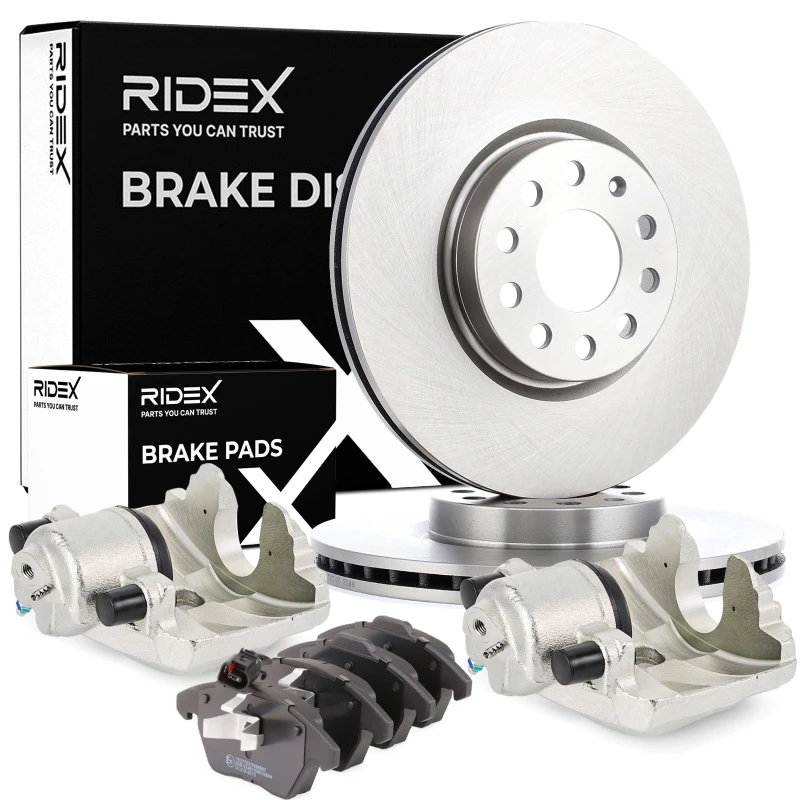 Image of RIDEX 3405B1639 Brake disc and pads set without holder, Front Axle, Brake Disc Type: internally vented, incl. wear warning contact Cast Iron Brake Set
