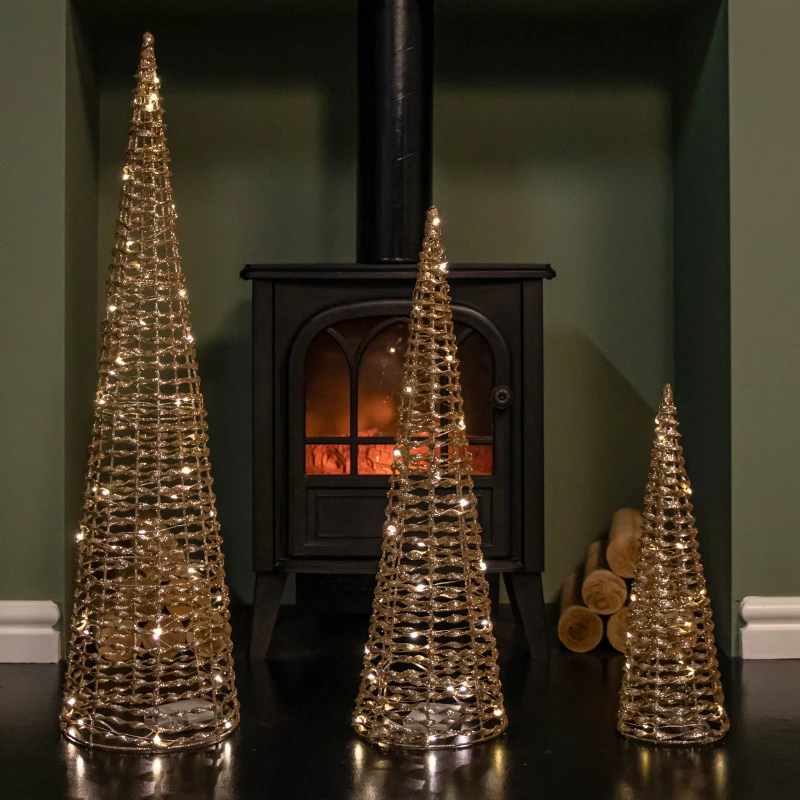 Image of Set of 3 Gold Glitter Twist Christmas Cone Trees with 90 Warm White LEDs