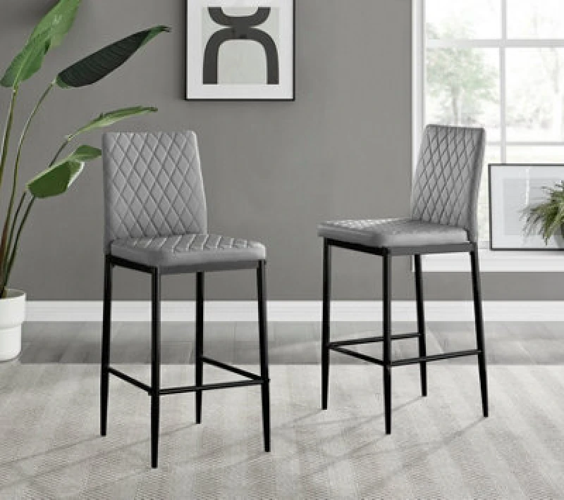 Image of Furniturebox Milan Grey Diamond-Stiched Faux Leather Black Leg Padded Bar Stools (Set Of 2)