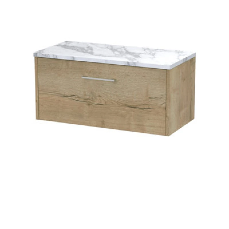 Image of Nuie Hudson Reed Juno Wall Hung 1-Drawer Vanity Unit & Carrera Marble Worktop, Stylish Countertop Basin Unit In Autumn Oak, 800mm