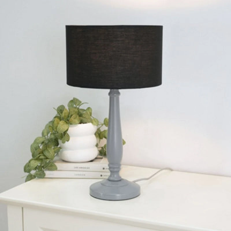 Image of ValueLights Victoria Grey Wood Traditional Table Lamp with Fabric Drum Shade and LED Bulb Black