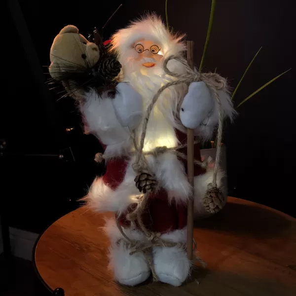 Image of 30cm Battery Operated Red Standing Light up Santa Claus with Brown Woven Sack