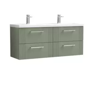 image of Nuie Deco 1200mm Wall Hung 4 Drawer Vanity & Double Ceramic Basin - Satin Reed Green