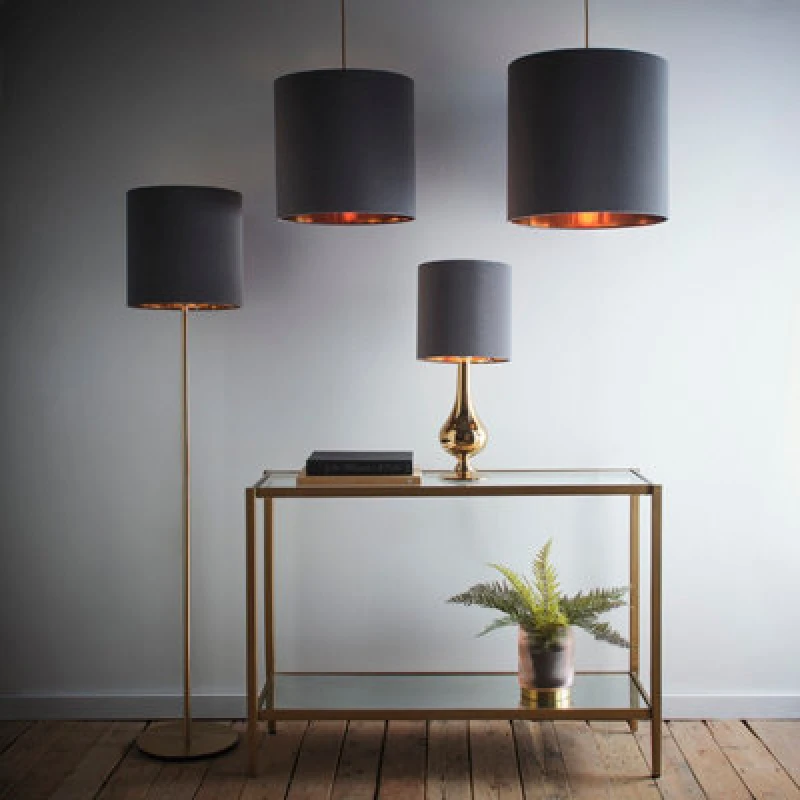 Image of K Living 10" Grey Velvet Drum Lampshade For Lamps And Ceiling