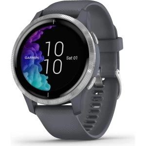 Image of Garmin Venu GPS Smartwatch with Wrist-based Heart Rate - Silver Stainless Steel Bezel with Granite Blue Case and Silicone Band (010-02173-02) (Support