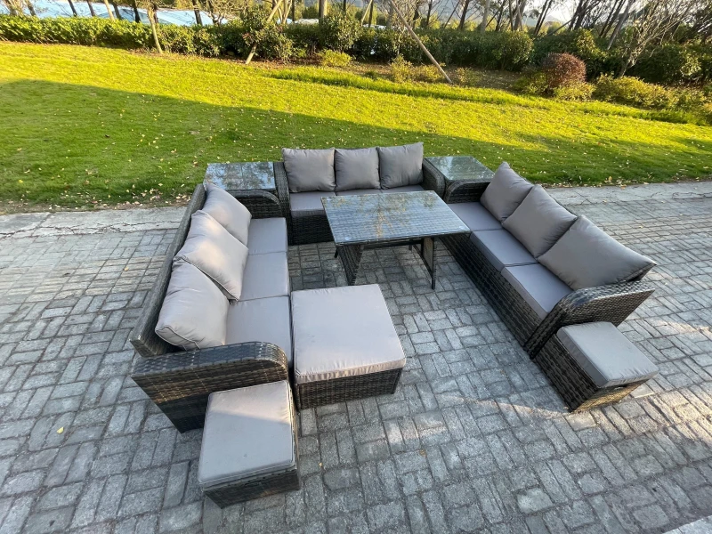 Image of Fimous Rattan Garden Furniture Set 12 Seater Patio Outdoor Lounge Sofa Set with 2 Side Tables Rectangular Dining Table 3 Footstools Dark Grey