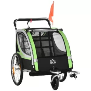Image of 2 in 1 Kids Bike Trailer Two Seater Stroller with Brake, Green
